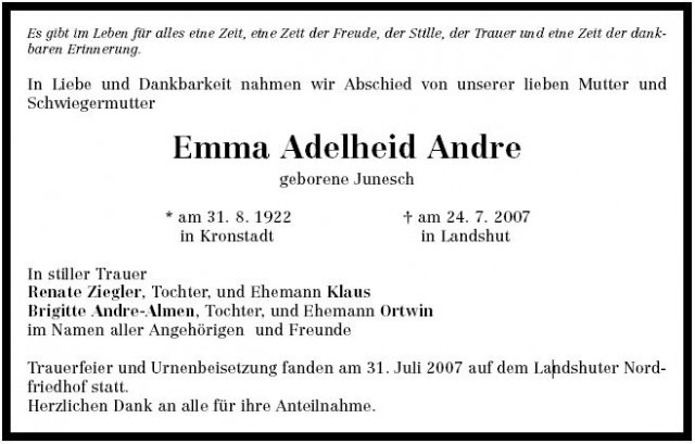 Junesch Emma Adelheid 1922-2007 Todesanzeige